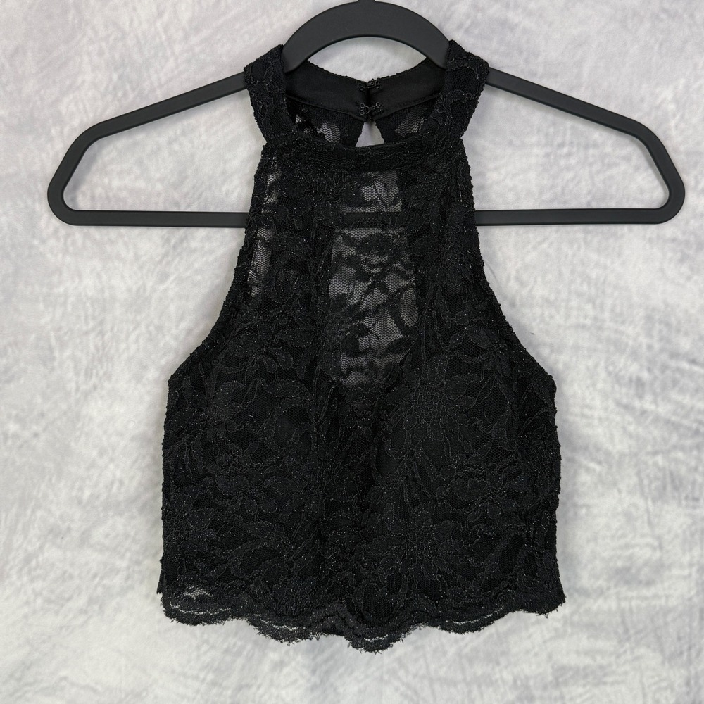 City Studio Black Lace Halter Cropped Top Size 7 Sparkle Whimsigoth Holiday